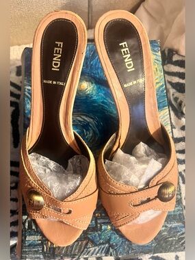 Fendi Peach Leather Open-Toe Mules with Brass-Tone Button